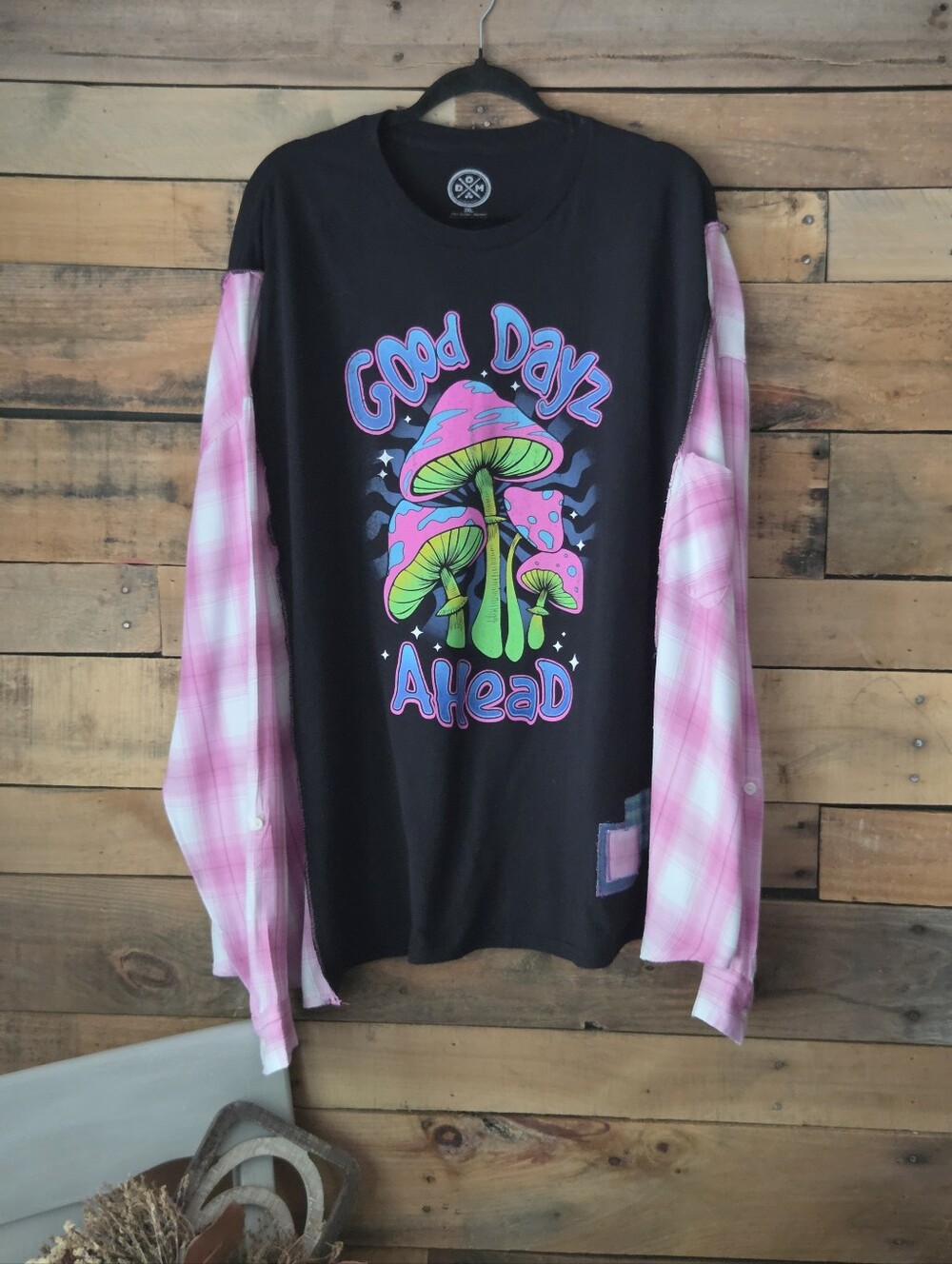 Upcycled Good Dayz Ahead  Black Tee with Pink Plaid Sleeves